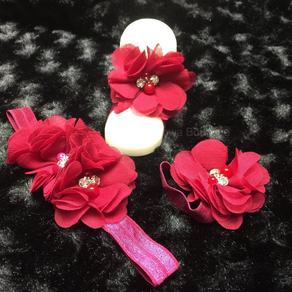 Burgundy Chiffon Barefoot Sandals & Headband Set  BFS167  Handmade NWT Boutique
